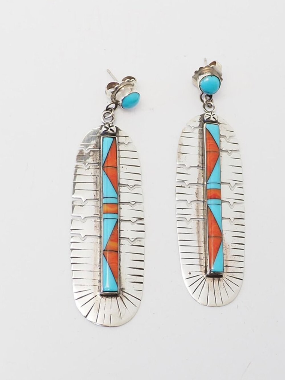 Southwestern sterling silver turquoise coral inlaid long feather dangle earrings